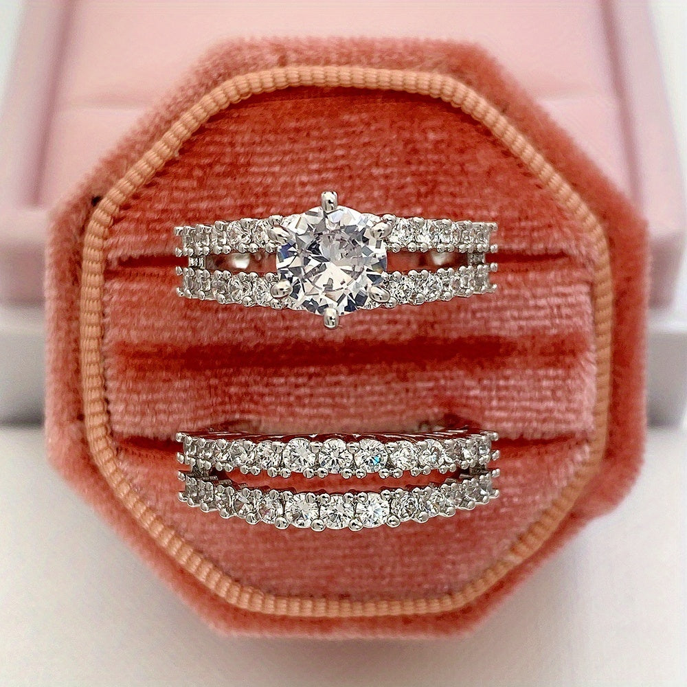 2 Pcs Bridal Wedding Rings 18K Plated 6 Prong Setting Zircon Rings For Women