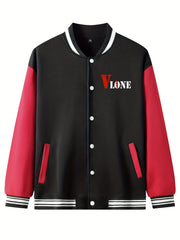 V Letter Print Teddy Bear Pattern Graphic Baseball Jacket Men's Clothes