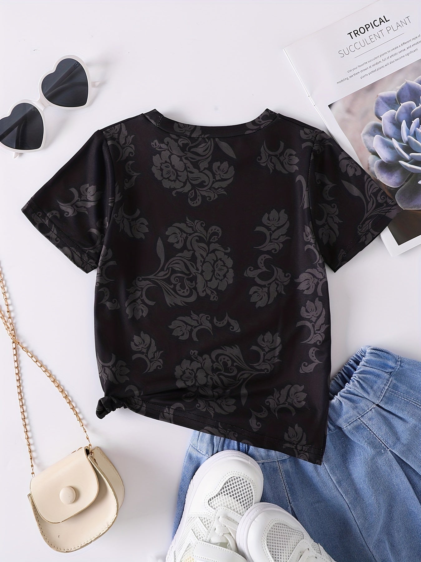 Floral Skull Print Girls Creative T-shirt Lightweight Short Sleeve Tee