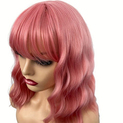 35 56 Cm Pink Body Wave Hair Wigs With Bangs Shoulder Length Short Bob Wavy Wigs