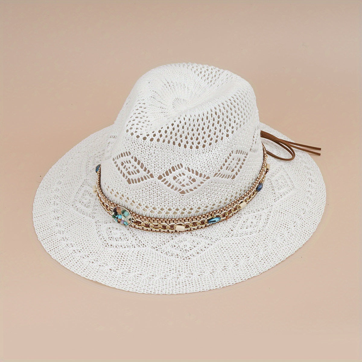 Boho Belt Decor Geometric Crochet Fedora Cap Breathable Summer Beach Hat