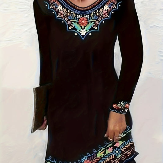Border Floral Print Long Sleeve Round Neck Dress