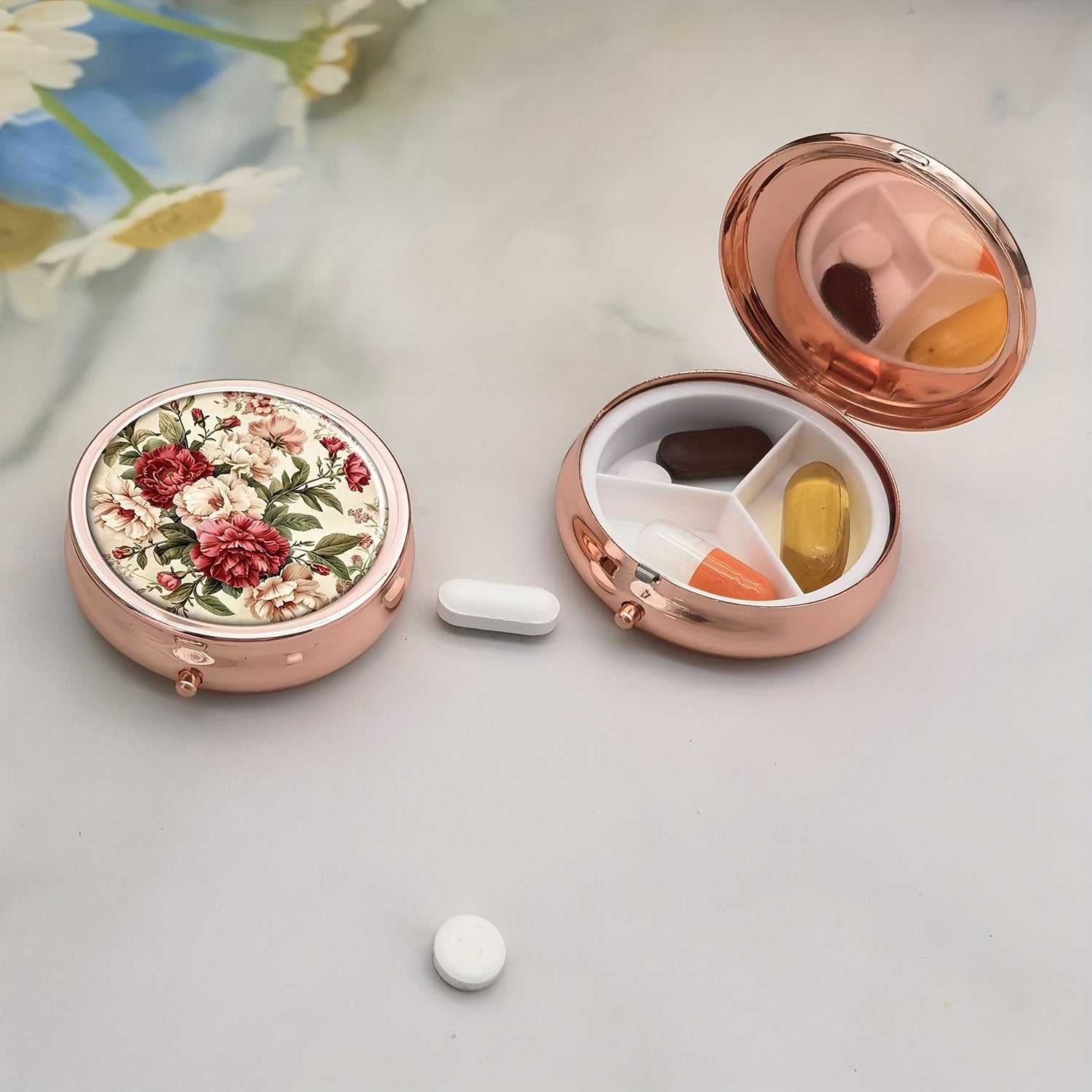 Floral 3 Compartment Pill Box for Purse Pocket - Unique Gift Pill Box for Purse