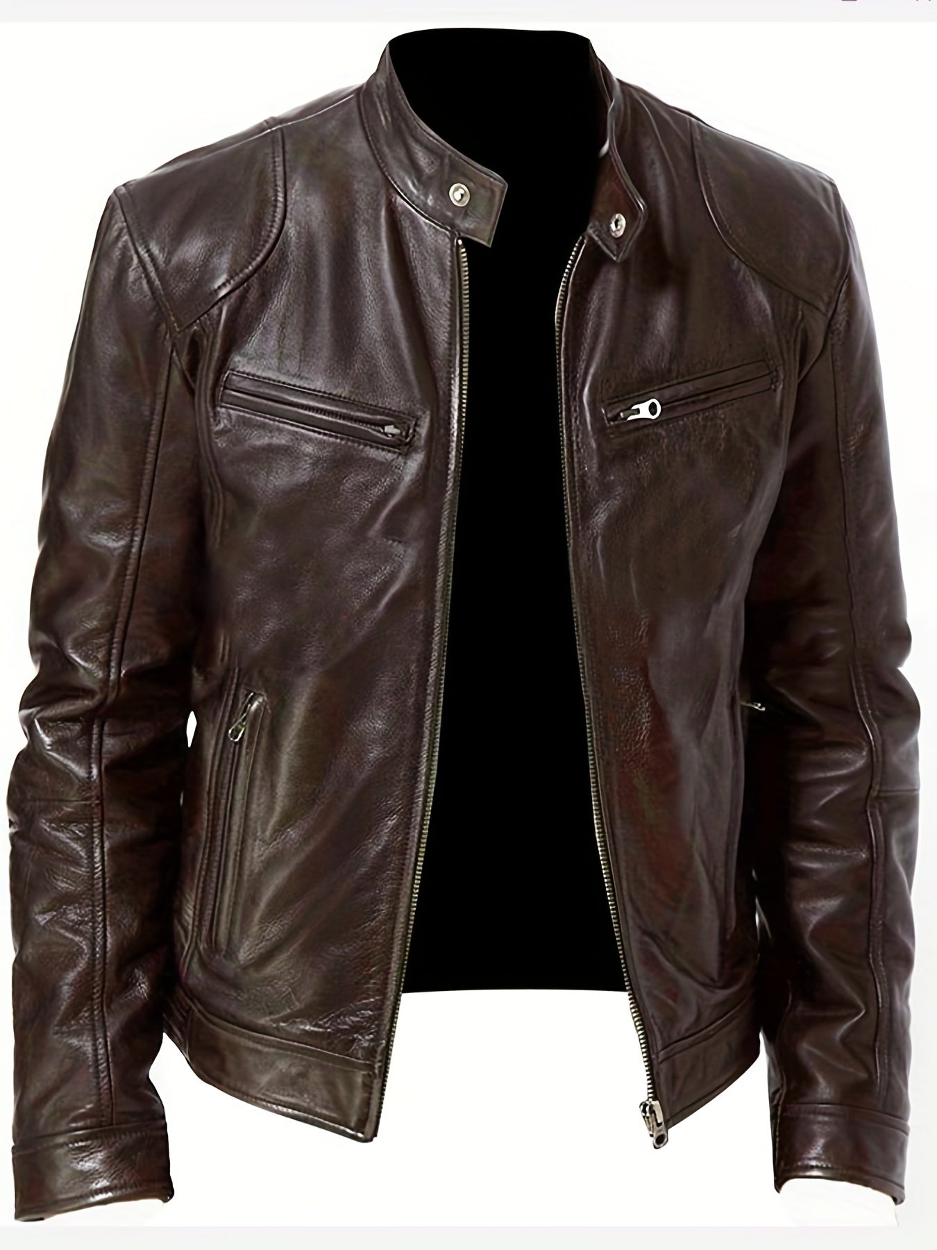 Men's Casual Solid Zip Up Stand Collar Faux Leather Jacket