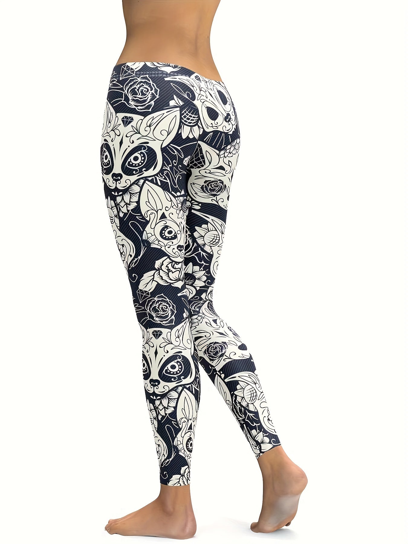Abstract Cat & Floral Print High Stretch Yoga Leggings