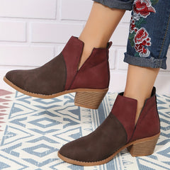 Women's Colorblock Block Heel Ankle Boots Round Toe V-cut Slip On Mid Heels