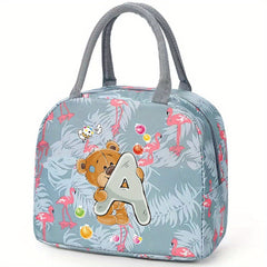 Insulated Lunch Bag with Bear & Tropical Letter A Thermal Cooler Tote