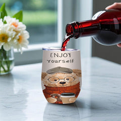 Stainless Steel Insulated Coffee Cup with Bear Enjoy Yourself Print