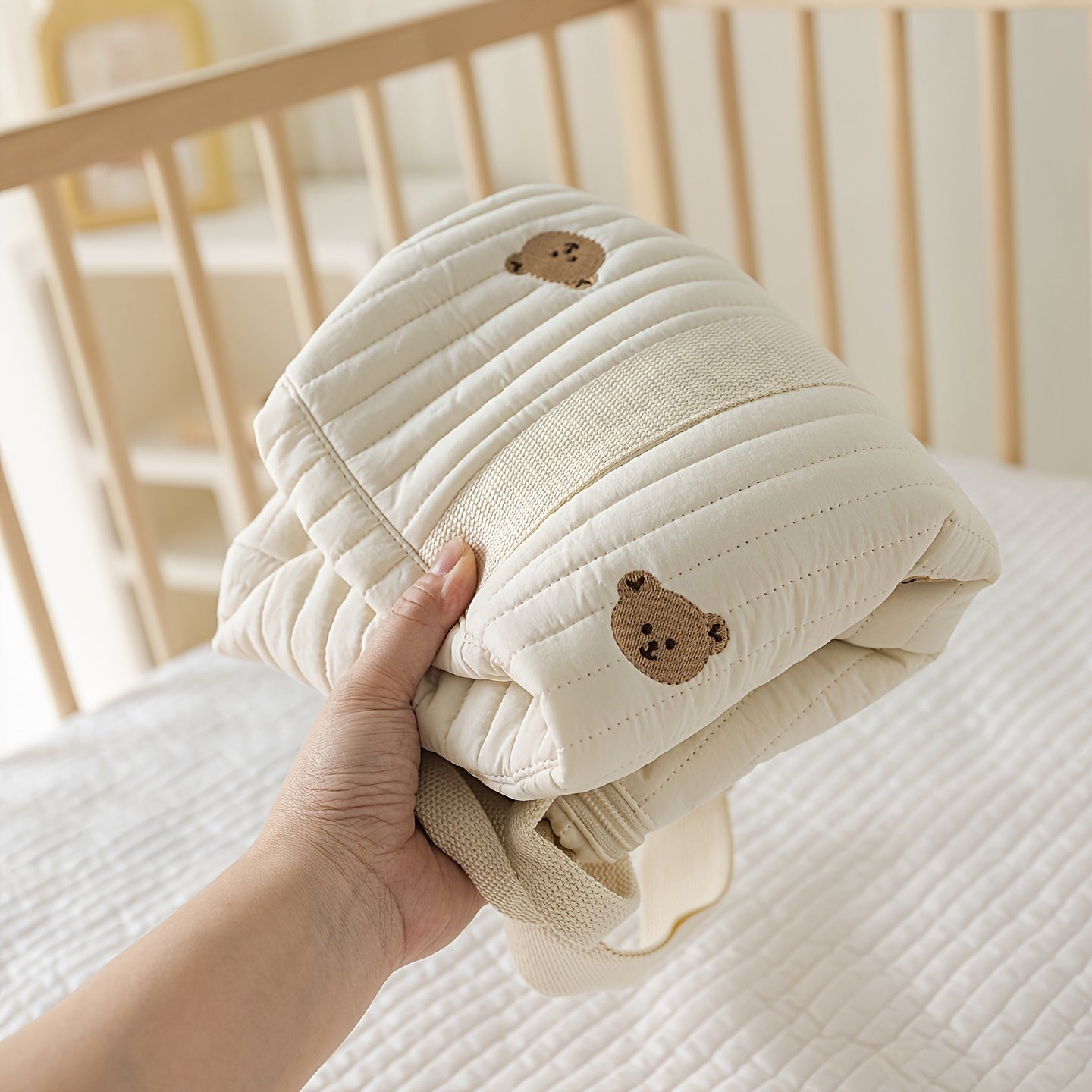 Quilted Diaper Bag with Bear Embroidery Lightweight Travel Tote & Handbag