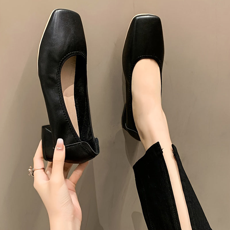 Women's Square Toe Chunky Low Heels Slip On Comfortable Walking Shoes