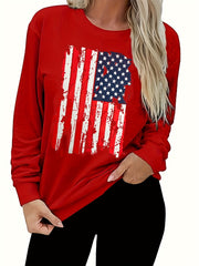 Flag Print Long Sleeve Round Neck Pullover Top