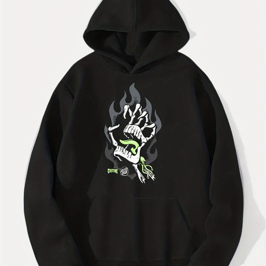 Skeleton Hand On Fire Print Hoodie Men