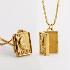 Vintage Style Locket Pendant Necklace Moon & Heart Engraved Photo Frame Charm