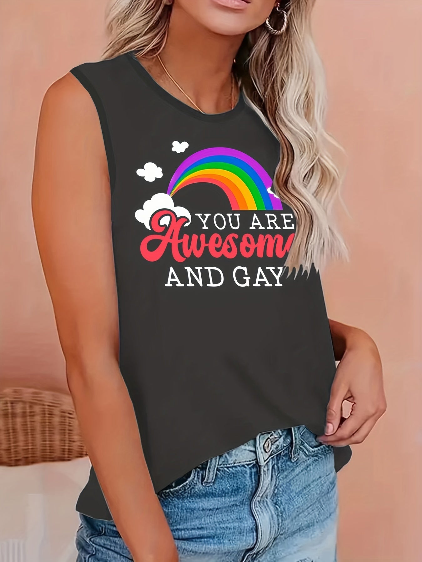 Plus Size LGBT Tank Top Rainbow Print Round Neck Stretch