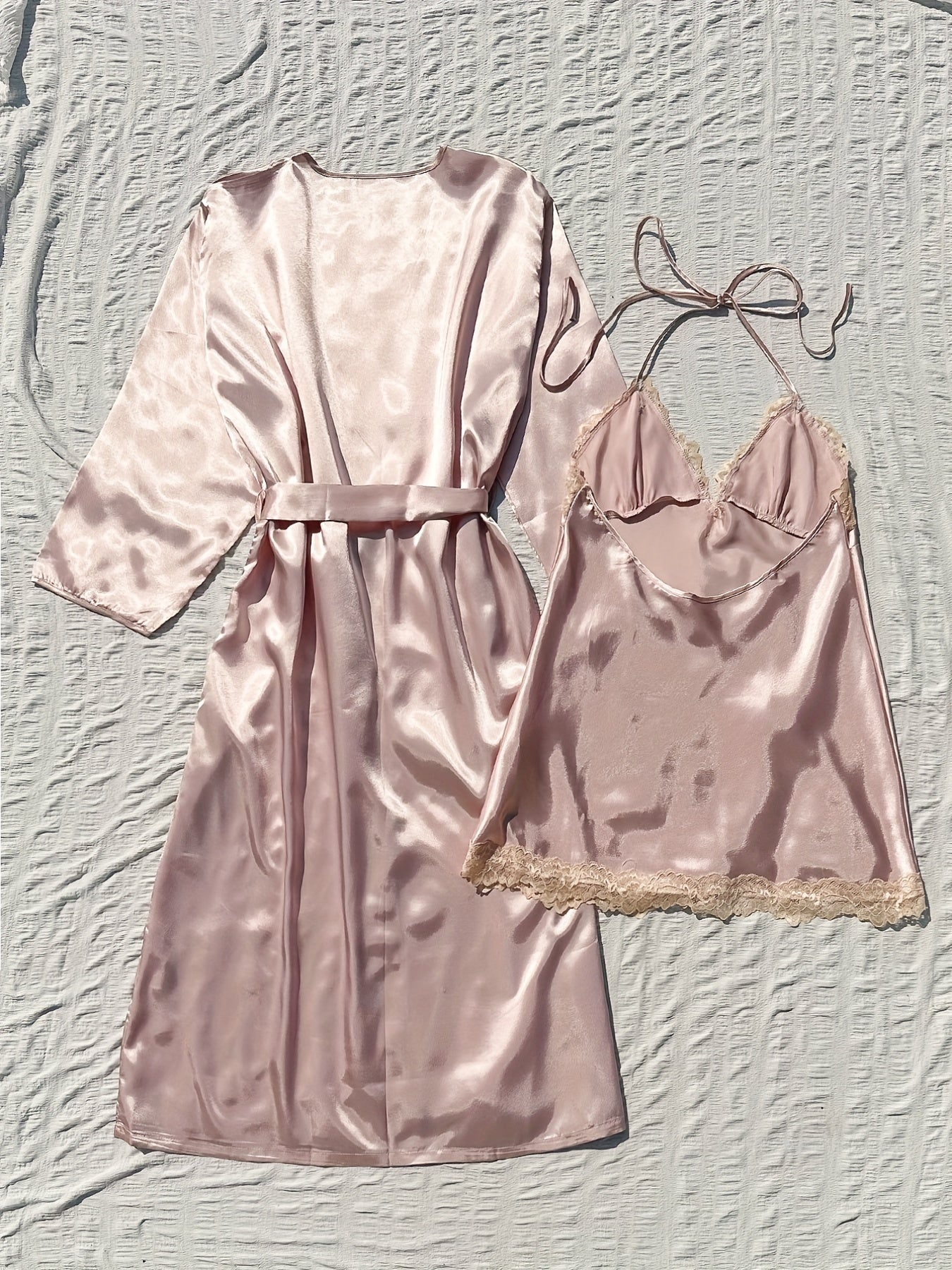 2pcs Satin Robe & Cami Dress Set with Lace Trim