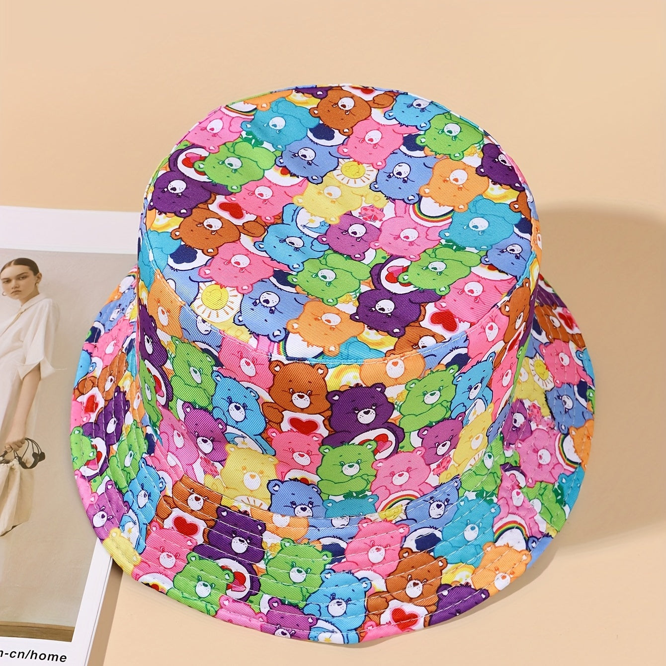 Bear Print Bucket Hat Candy Reversible Sunshade Fisherman Cap