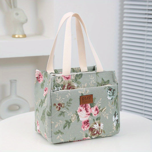 Large Capacity Floral Print Storage Bag with Insulation Zippered Pocket