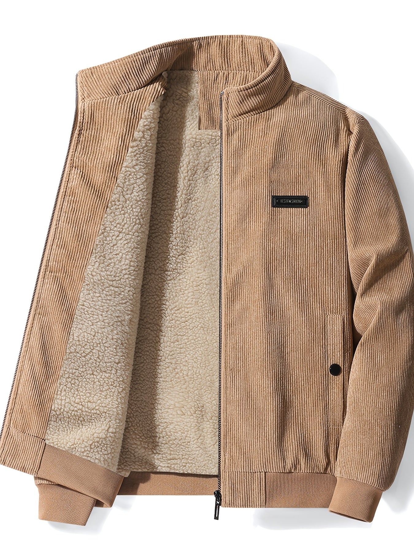 Corduroy Solid Jackets For Men Zip Up Stand Collar Coat