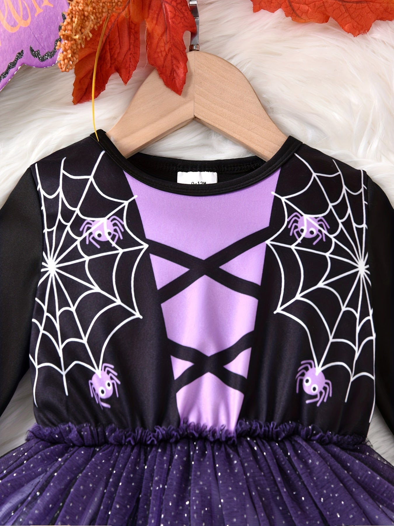 Baby Girls Spider Print Mesh Puffy Dress Halloween Party Long Sleeve