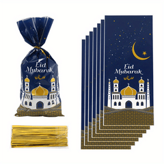 50pcs Eid Mubarak Gift Bags Plastic OPP Candy Cookie Bag Ramadan Kareem Decorati