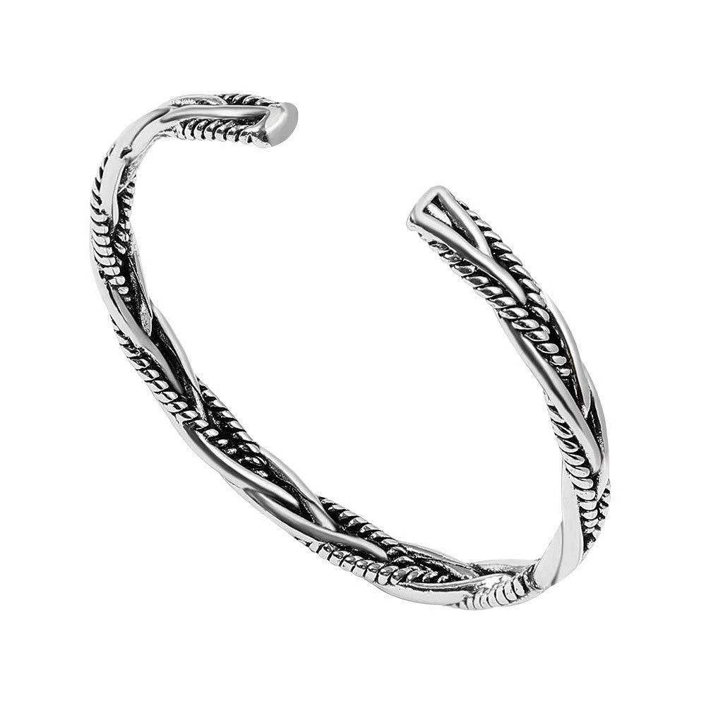 Vintage Silver Braided C-shaped Opening Bracelet, Adjustable