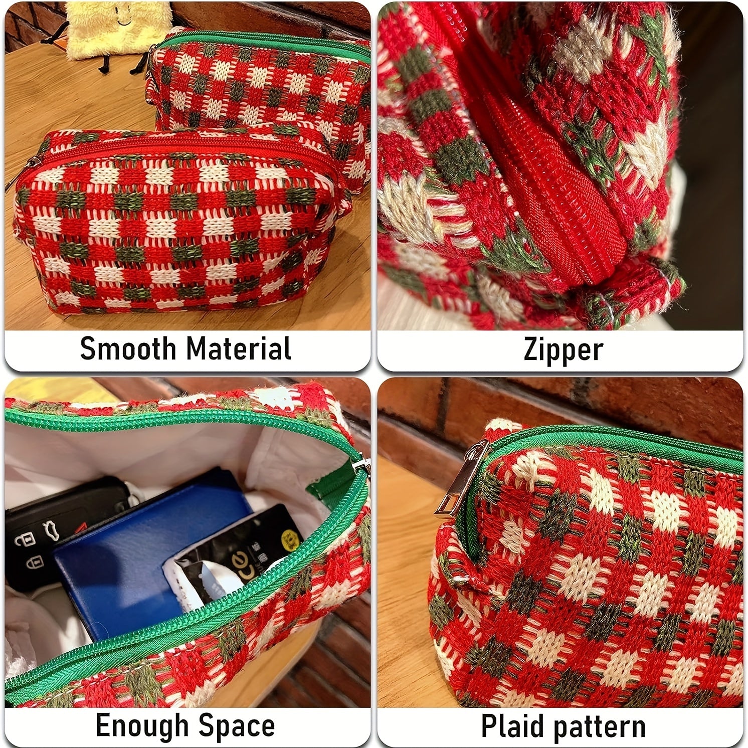 Checkered Cosmetic Bag Knitted Christmas Red Green Makeup Pouch