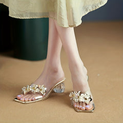 Women's Square Open Toe Rhinestone Flower Chunky Heels Sandals
