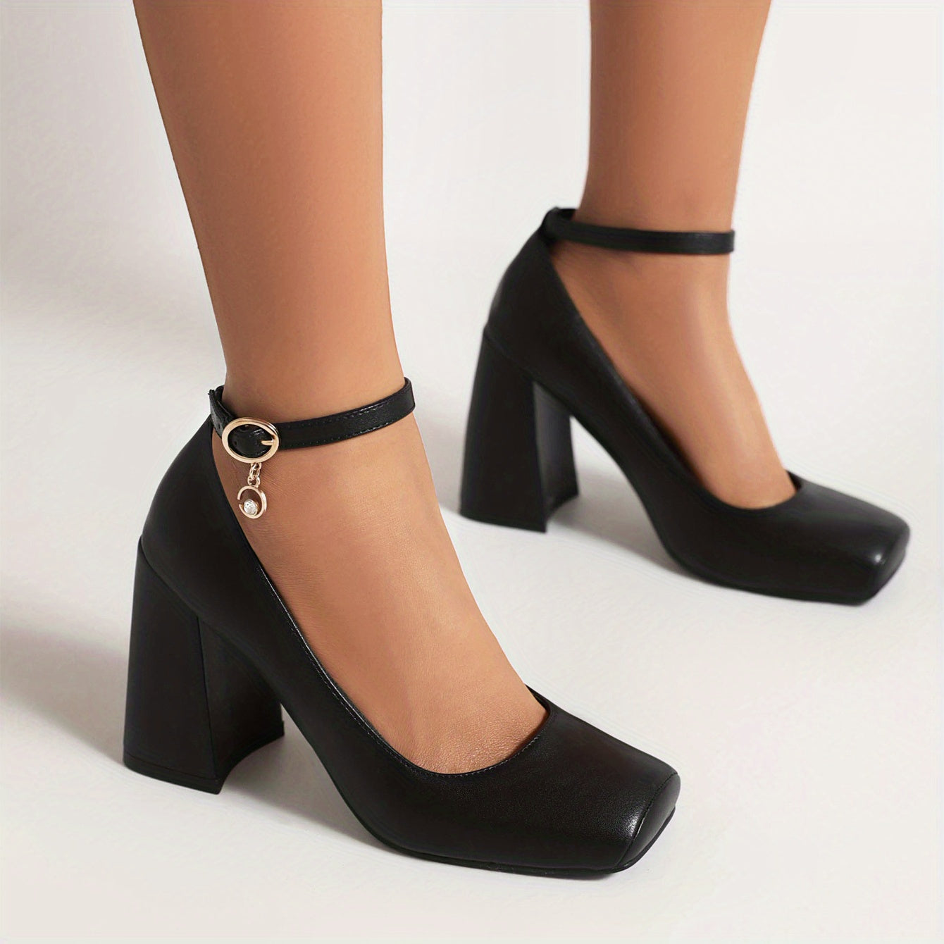 Women's Pig Nose Square Toe Block Heels Work Pumps