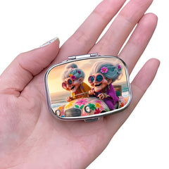 Whimsical Driving Grandmas Pill Box 2 Compartment Metal Medicine Case