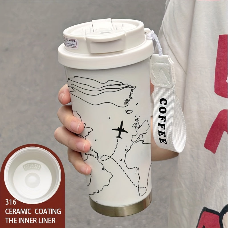 Stainless Steel Coffee Tumbler Hand Painted Airplane Map Insulated