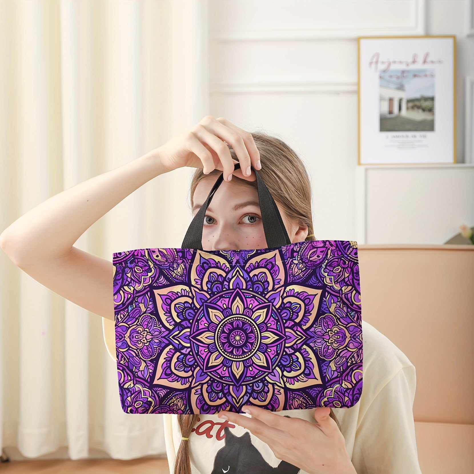 Purple Floral Insulated Lunch Bag Leakproof Reusable Tote