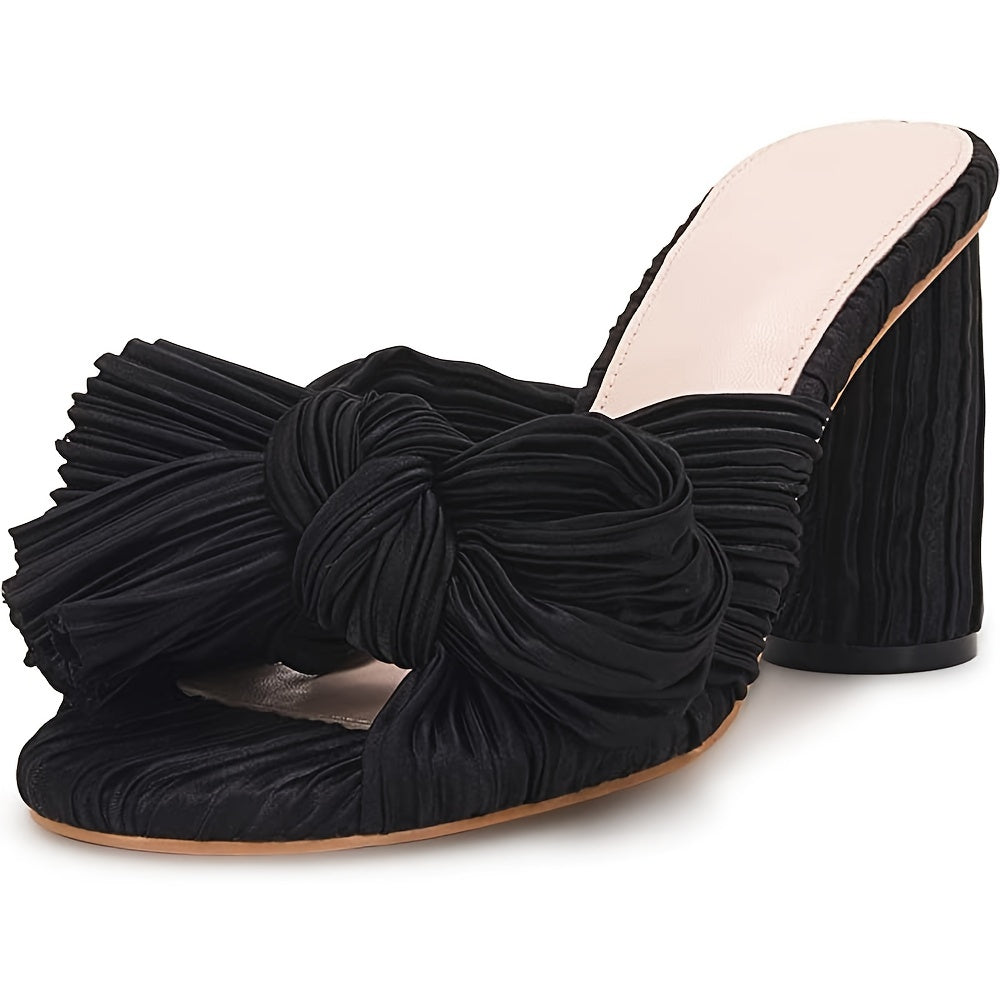 Women's Pleated Bow Knot Sandals Chunky Heel Open Toe Wedding High Heels