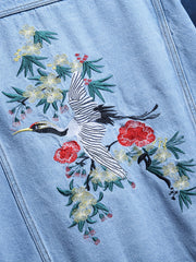 Men's Crane Embroidered Denim Jacket Hip Hop Style