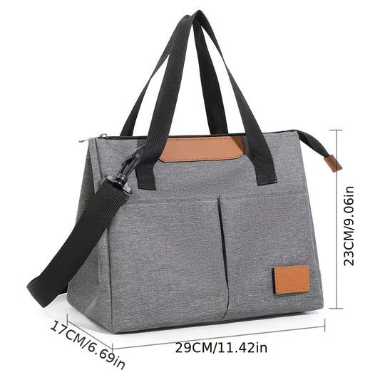 Gray Oxford Fabric Insulated Lunch Bag with Faux Leather Accents