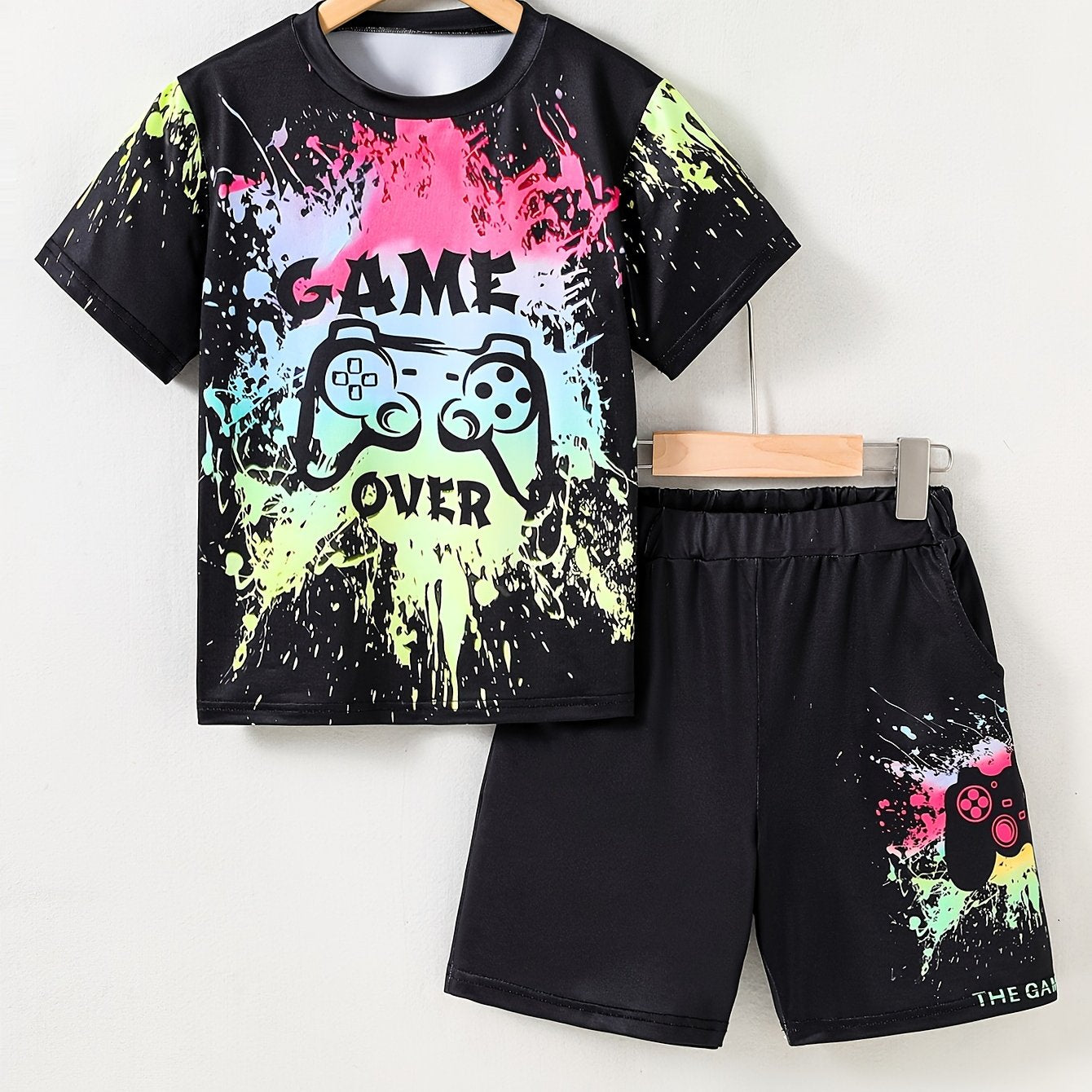 GAME OVER Boy's 2pcs T shirt & Shorts Set Gamepad Cartoon Print Casual Outfit