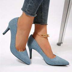 Women's Denim Stiletto Heels Point Toe Work Pumps