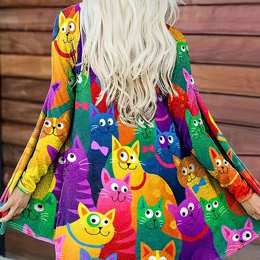Cat Print Long Sleeve Open Front Cardigan