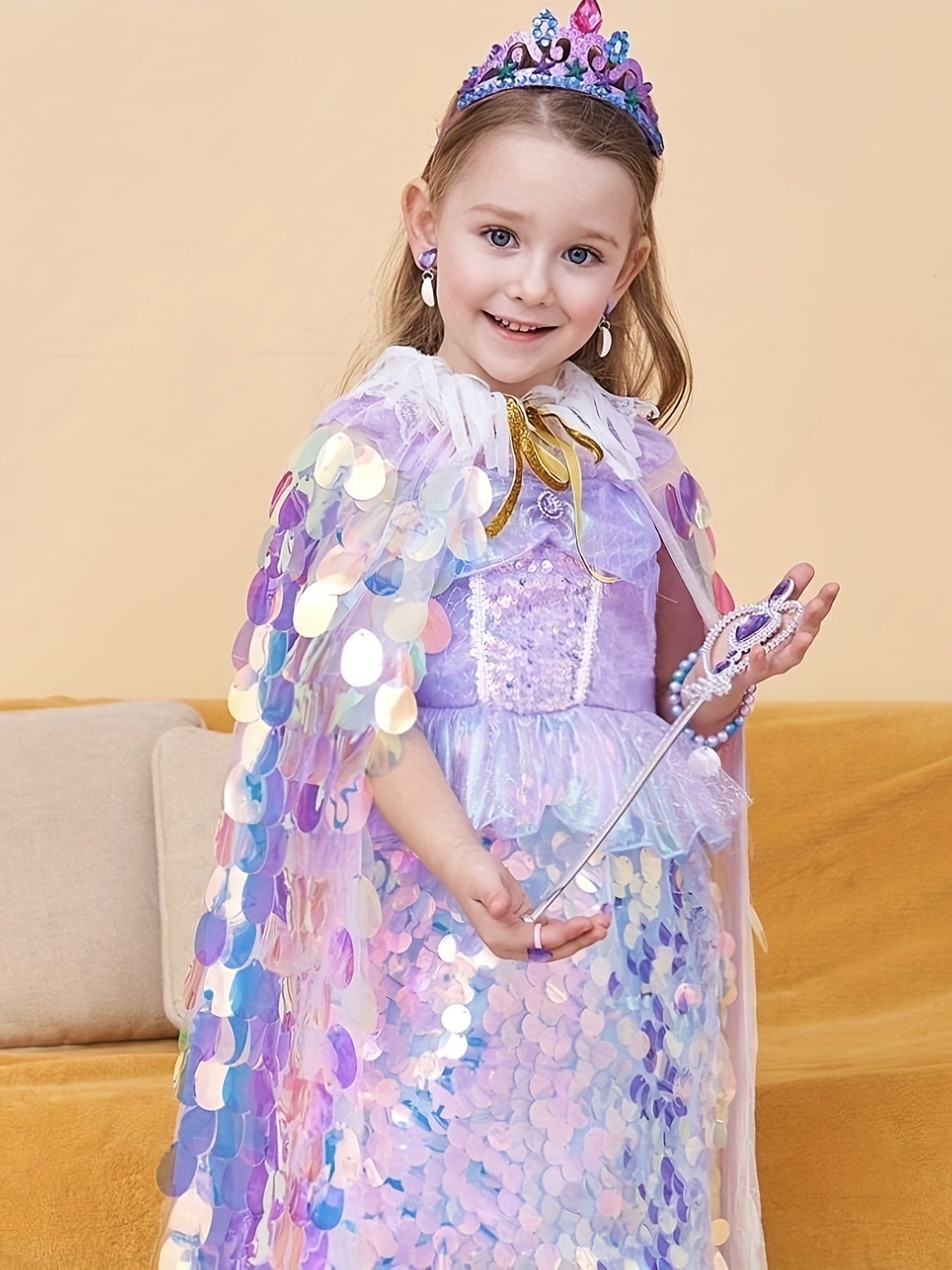 Girls Princess Cape Sequin Glitter Party Prop Kids Halloween Cloak Crown Cosplay