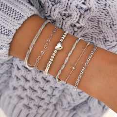 6pcs Silver Beaded Heart Pattern Multilayer Bracelet Set for Women