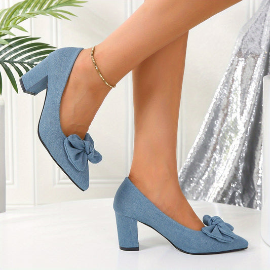 Women's Denim Bowknot Heels Pointed Toe Slip On Chunky Mid Heels