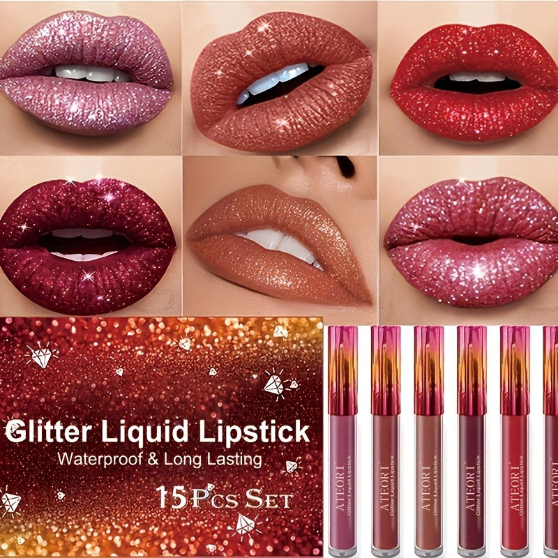 15-Piece Matte & Glitter Lip Set - Dark Red, Pink, Purple Sparkle Shades
