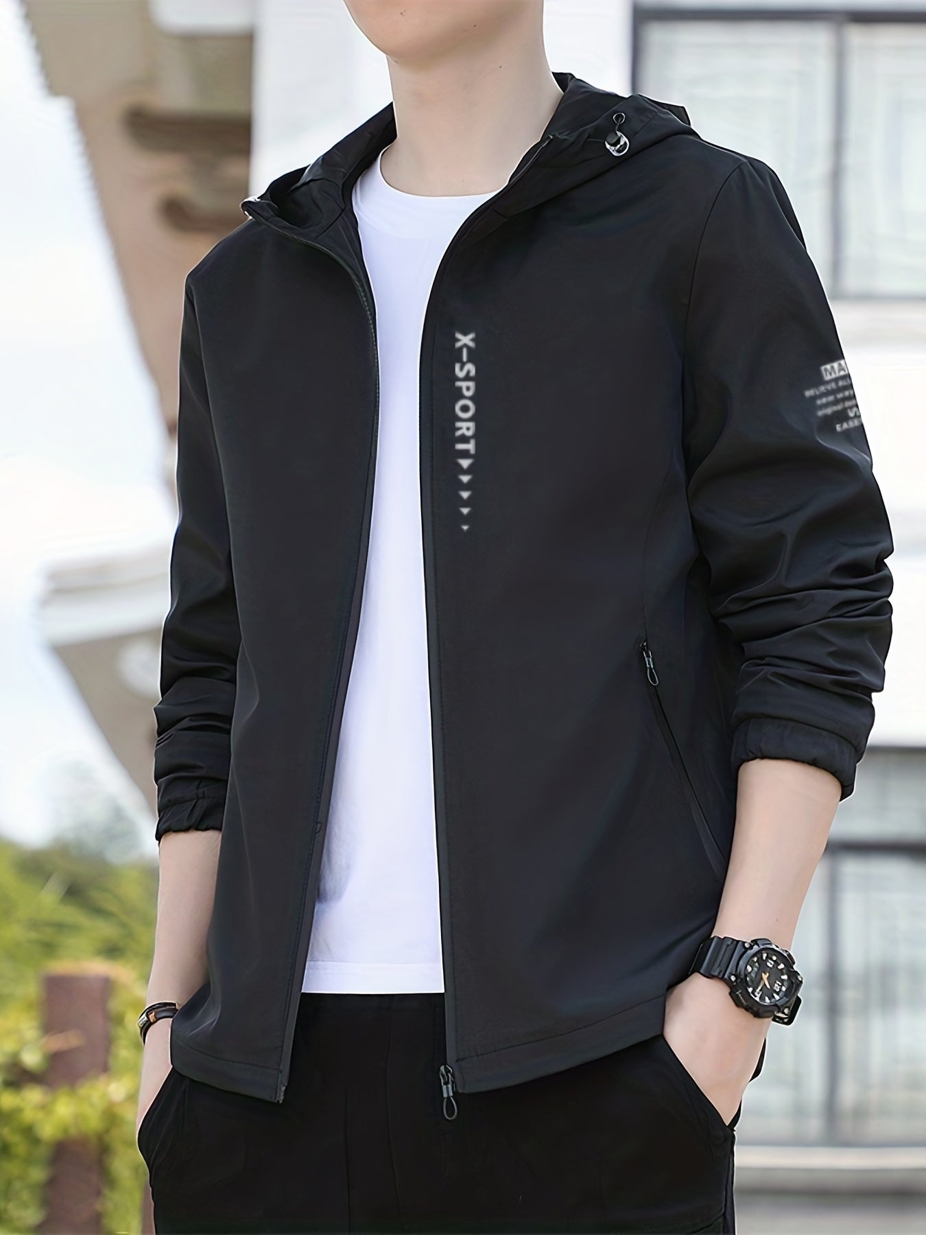 Men's Casual Hooded Zipper Windbreaker Jacket for Spring Fall