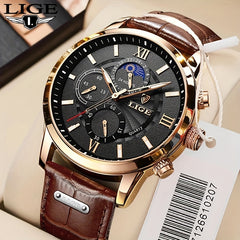 LIGE Men Watches Leather Waterproof Luminous Quartz Wristwatch