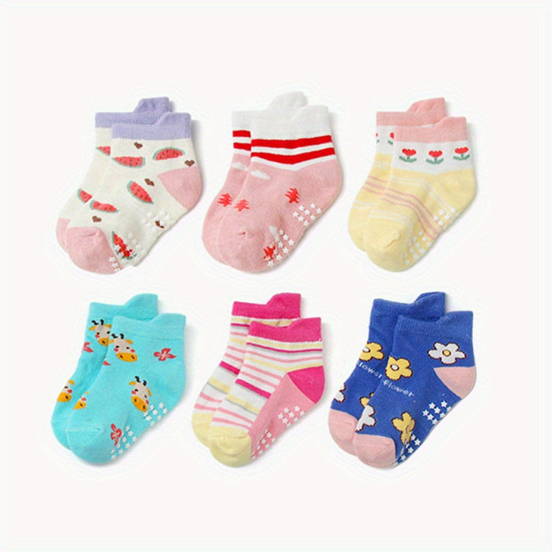 12 Pairs Girls Cartoon Toddler Socks Cotton Non-slip Walking Socks