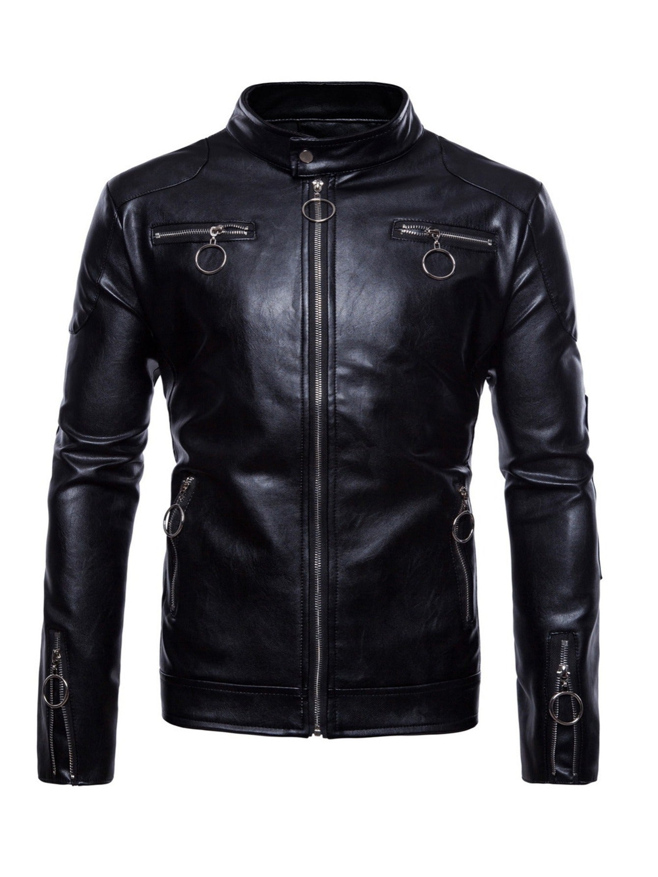 Men's Slim Fit PU Leather Jacket with Stand Collar