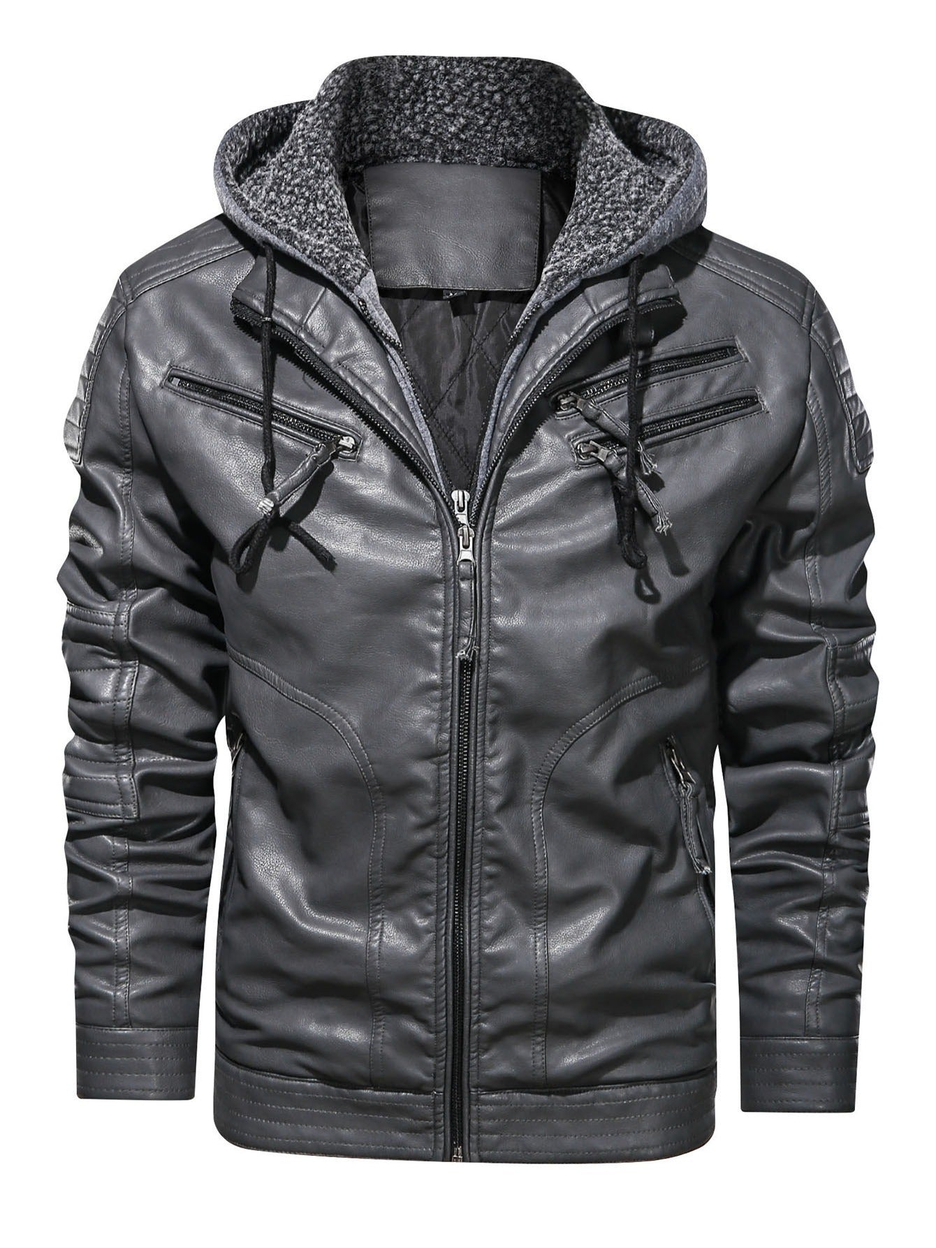Men's Zipper Hoodie Autumn Winter Solid PU Faux Leather Jacket