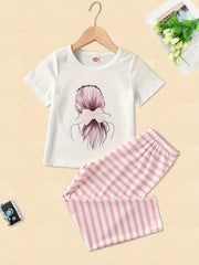 Toddler Girls Pajamas Set Cartoon Print Short Sleeve Top & Matching Pants