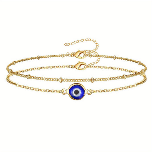 2 PCS Devil's Eye Chain Bracelet Set 18K Plated Stainless Steel Hand Jewelry