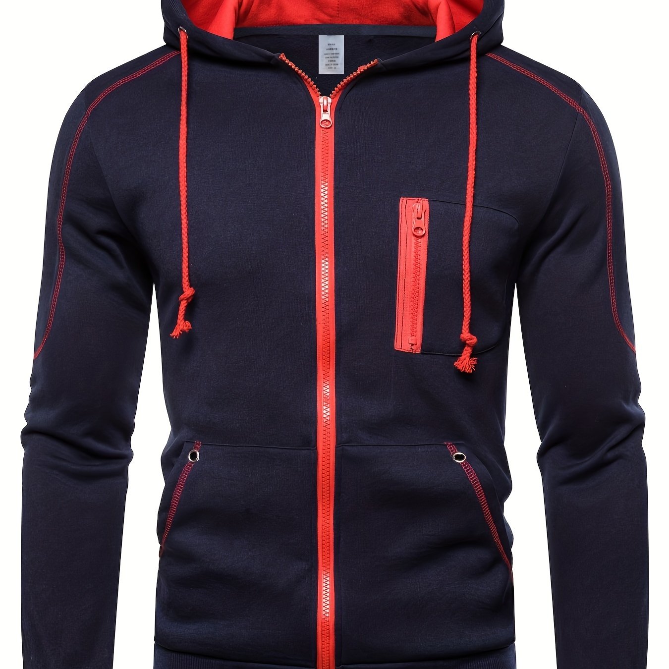 Men's Chest Zip Pocket Zip Up Hooded Jacket Casual Hoodie