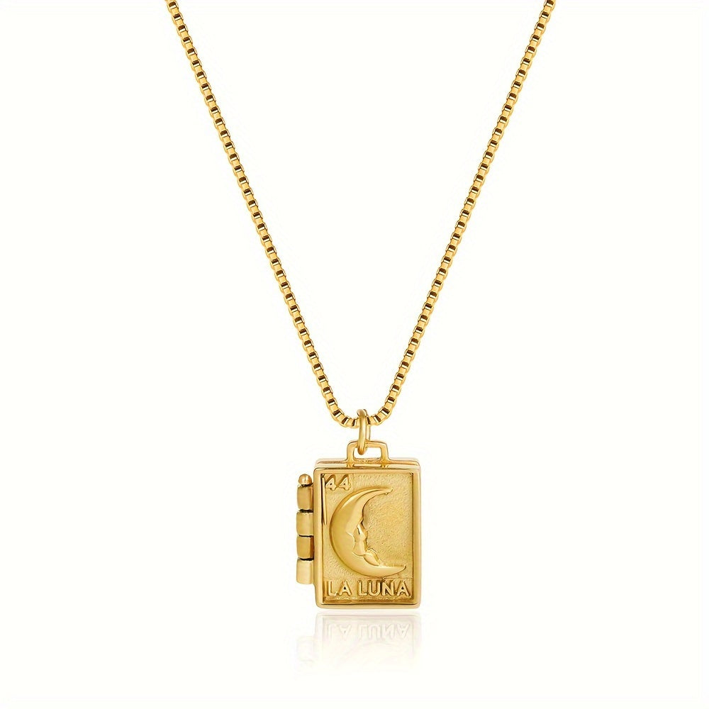 Vintage Style Locket Pendant Necklace Moon & Heart Engraved Photo Frame Charm